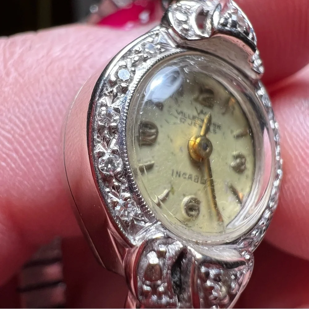 Vintage Benrus 14K Gold and Diamonds Ladies Wrist Watch, White Gold, Art Deco